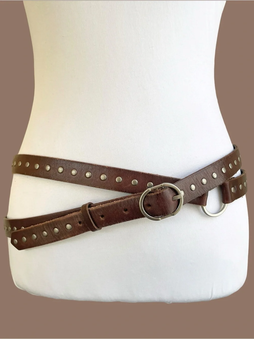 Silpada Designs Brown Studded Leather Belt Double Wrap O Ring Boho 90s Size L